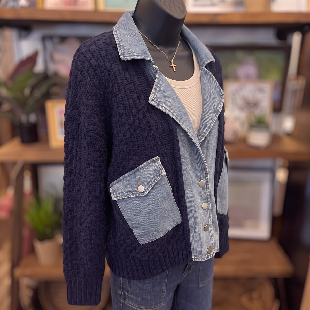 Cable Knit Denim Trim Jacket | Navy — Angled view