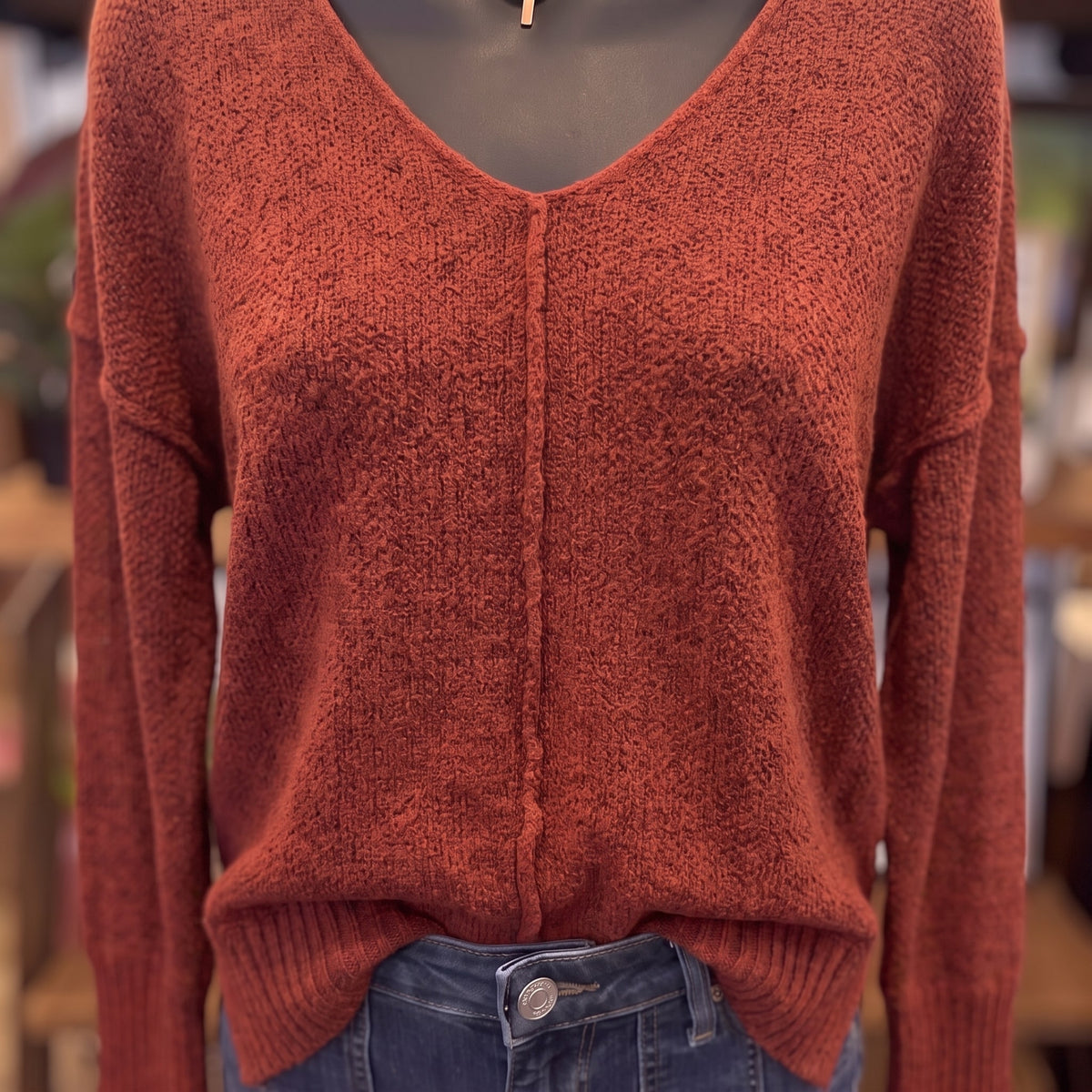 V-neck Center Seam Hi-low Sweater | Cabernet — Detail close-up
