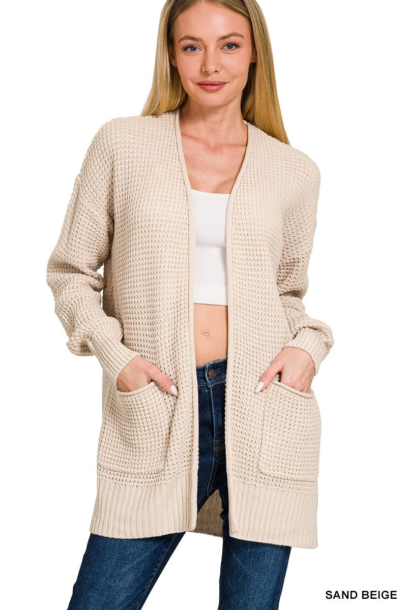 Waffle Knit Open Cardigan in Sand Beige
