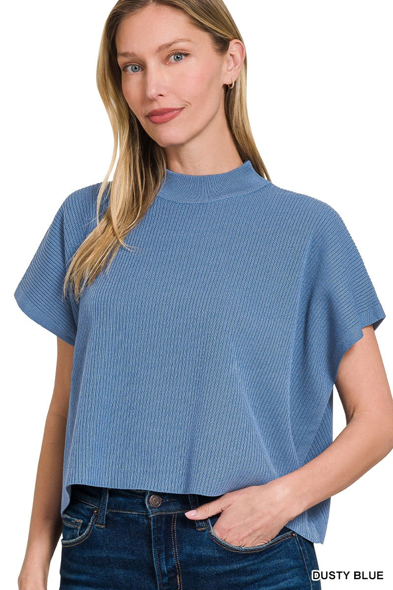 Mock Neck Short Sleeve Sweater in Dusty Blue