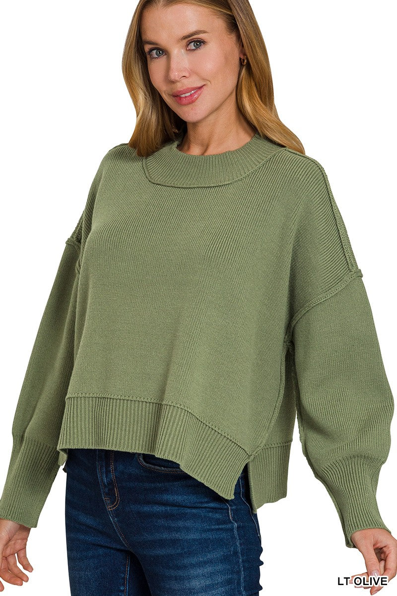 Wide Neck Drop Shoulder Sweater in Light Olive