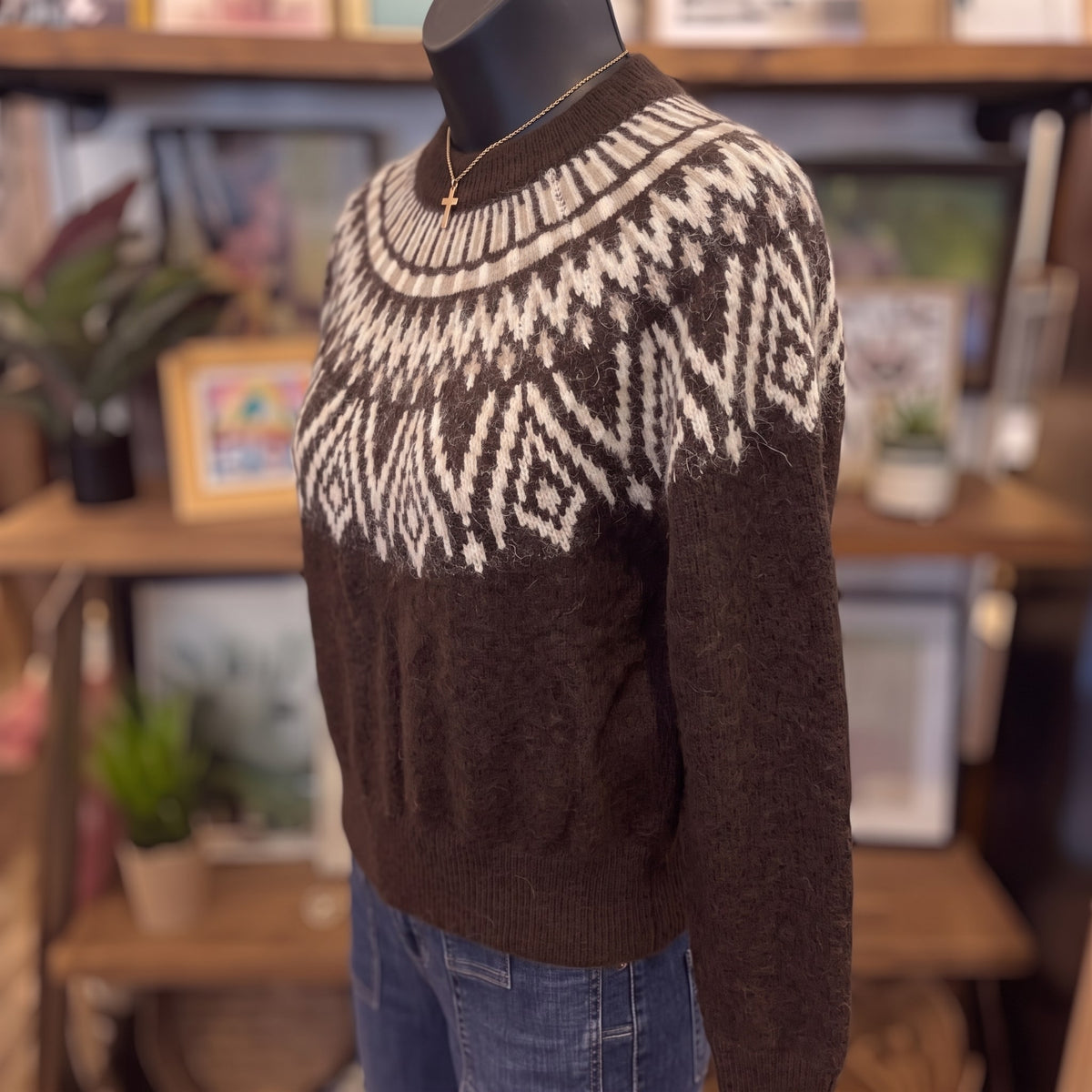 Fair Isle Yoke Knit Pullover | Dark Brown — Angled view