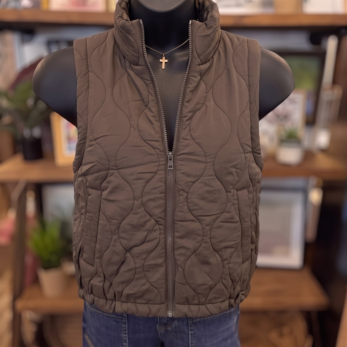 Plaid Collar Quilted Zip Vest | Dark Brown — Front view