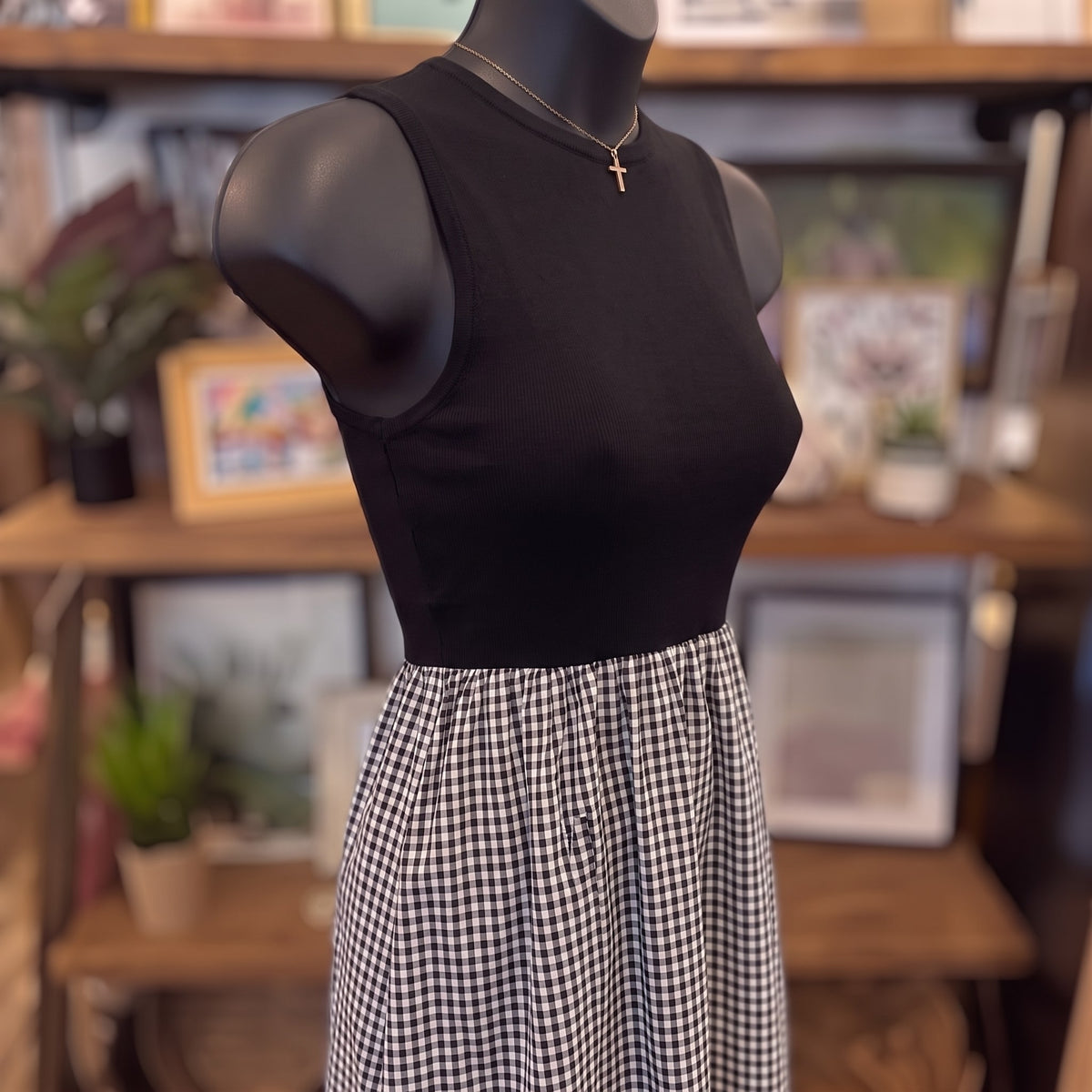 Bubble Hem Knit + Gingham Romper | Black — Angled view
