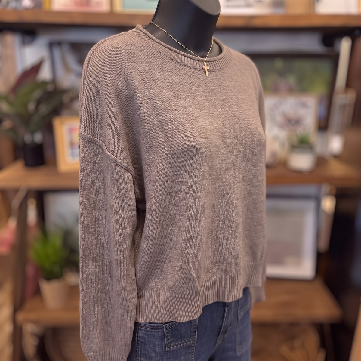 Boat Neck Relaxed Knit Sweater | Mocha — Angled view