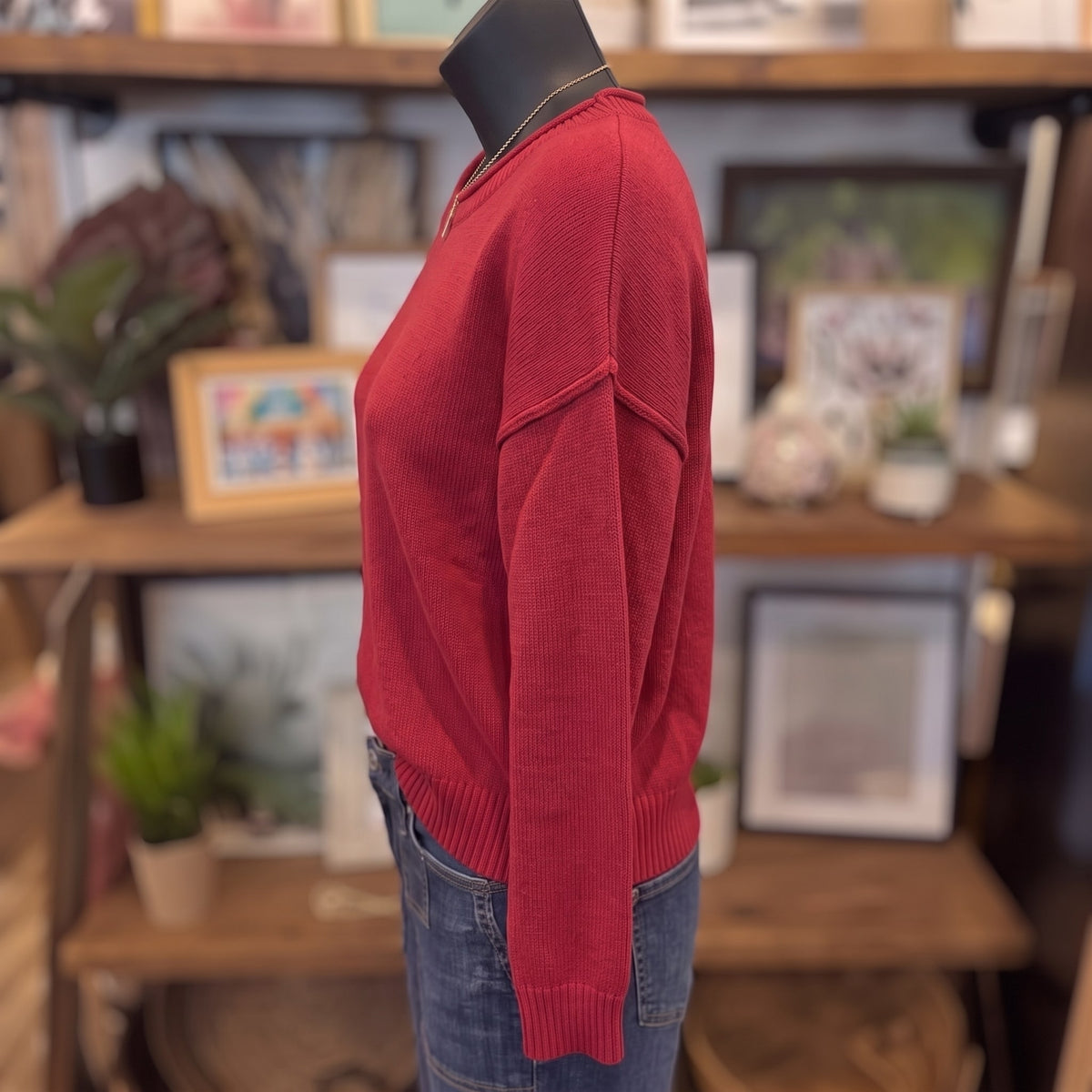 Boat Neck Relaxed Knit Sweater | Red — Angled view