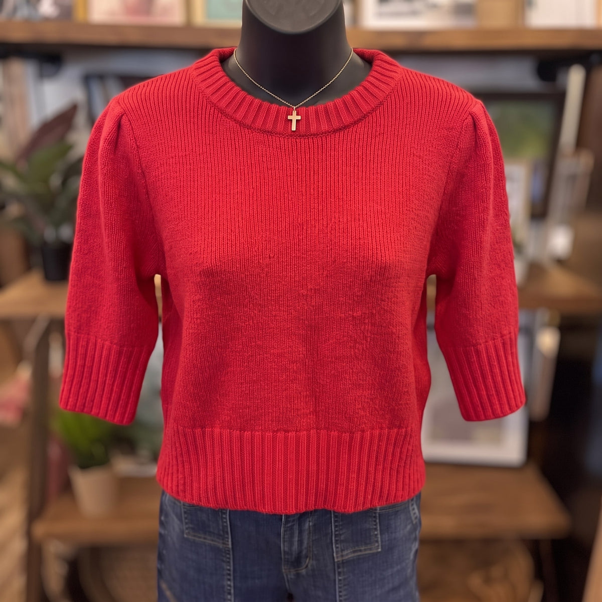Puff Shoulder Cropped Sweater | Red — Front view