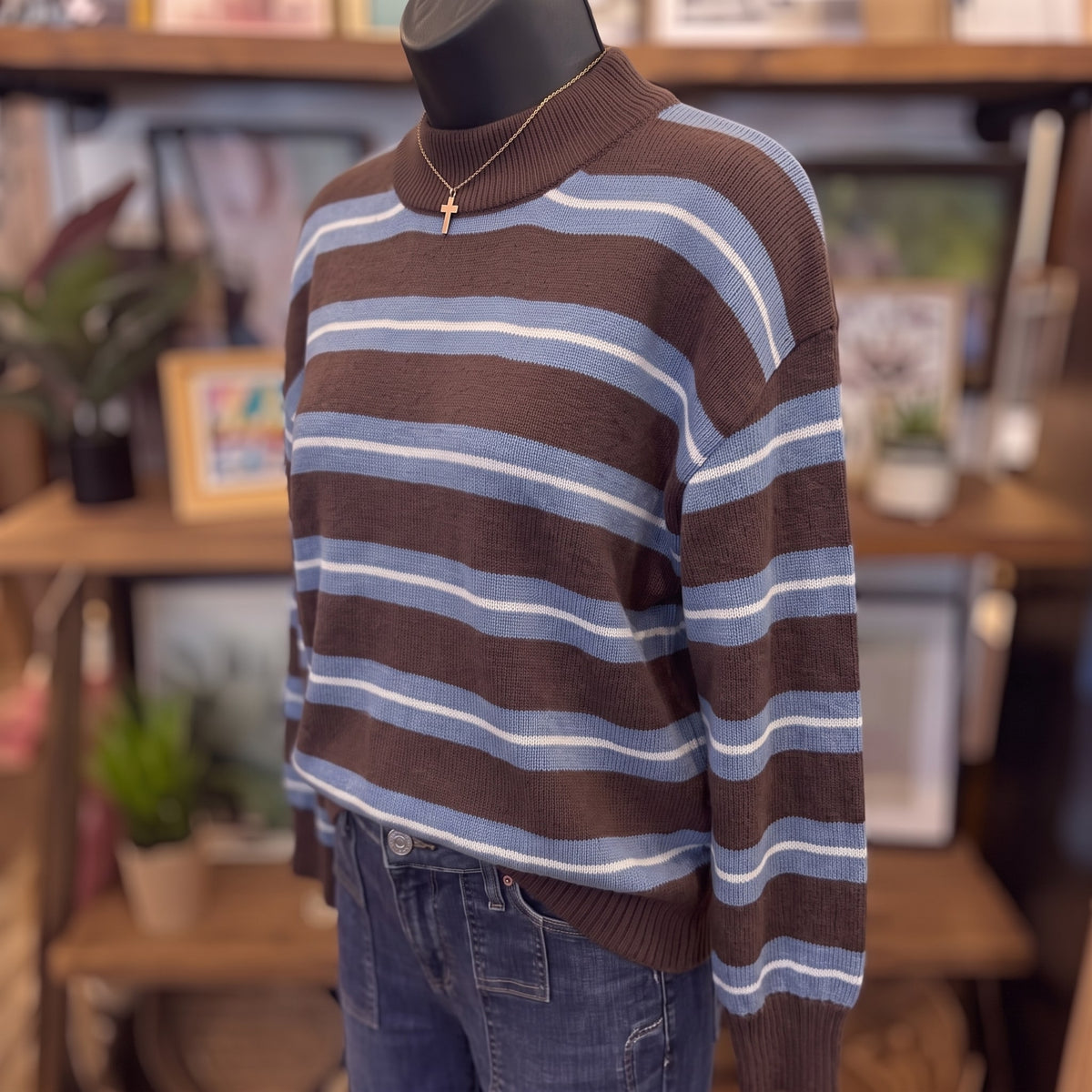 Striped Crew Neck Pullover | Brown Multi — Angled view