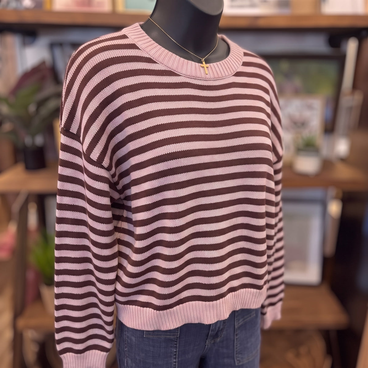Stripe Relaxed Back Button Detail Knit Sweater | Light Pink — Angled view