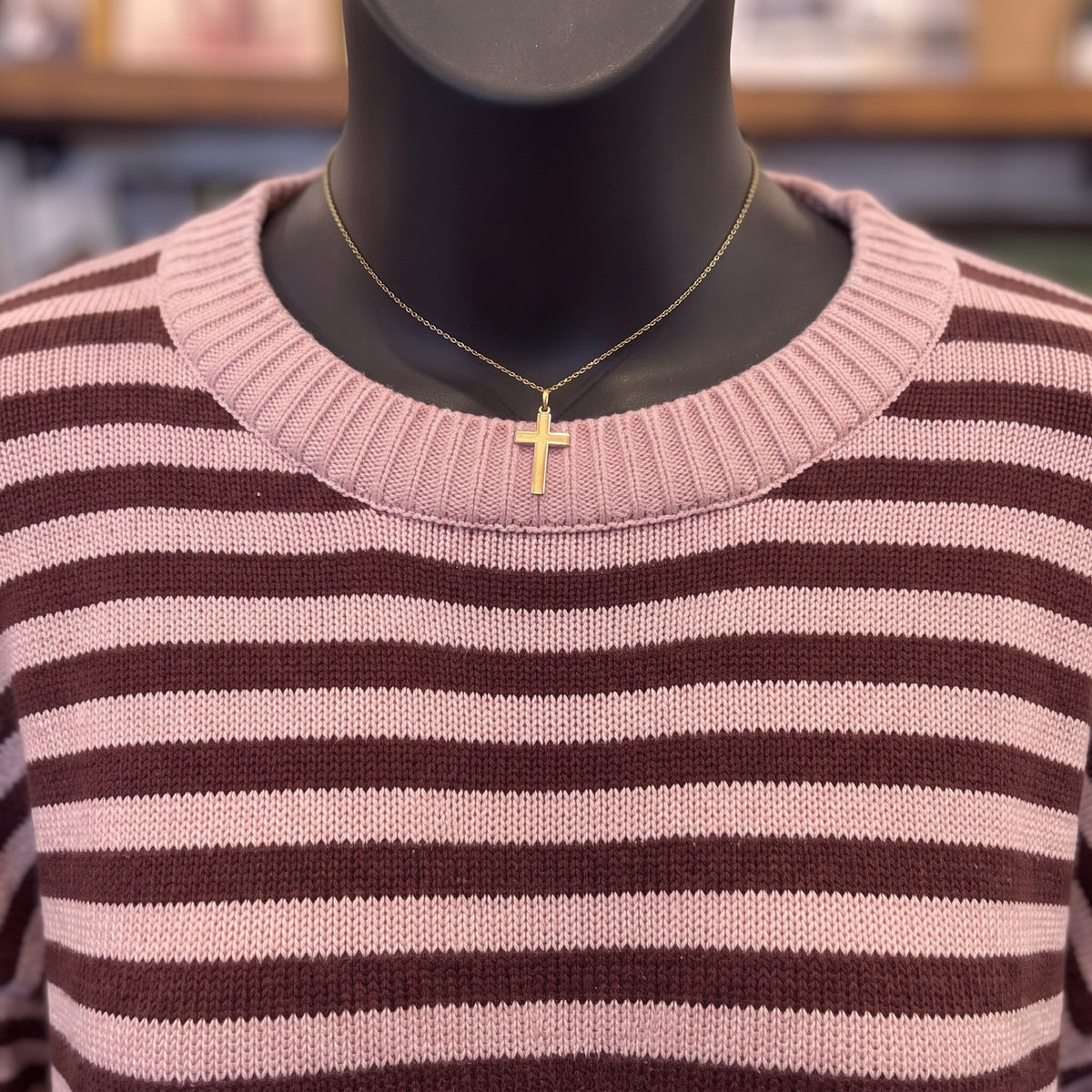 Stripe Relaxed Back Button Detail Knit Sweater | Light Pink — Detail close-up