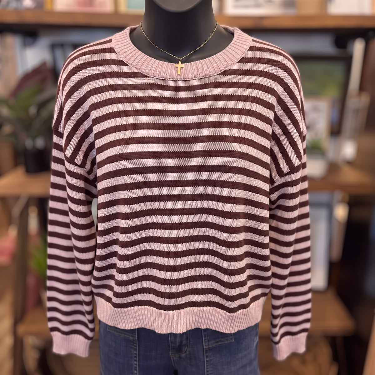 Stripe Relaxed Back Button Detail Knit Sweater | Light Pink — Front view