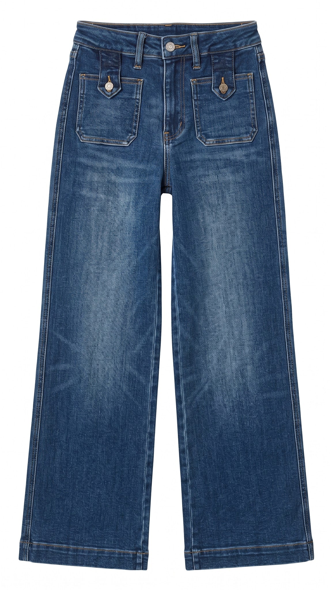 Judy Blue High Waisted LUX Retro Wide Leg Jeans with Front Patch Tab Closure | Dark Retro Fade Indigo — Front view