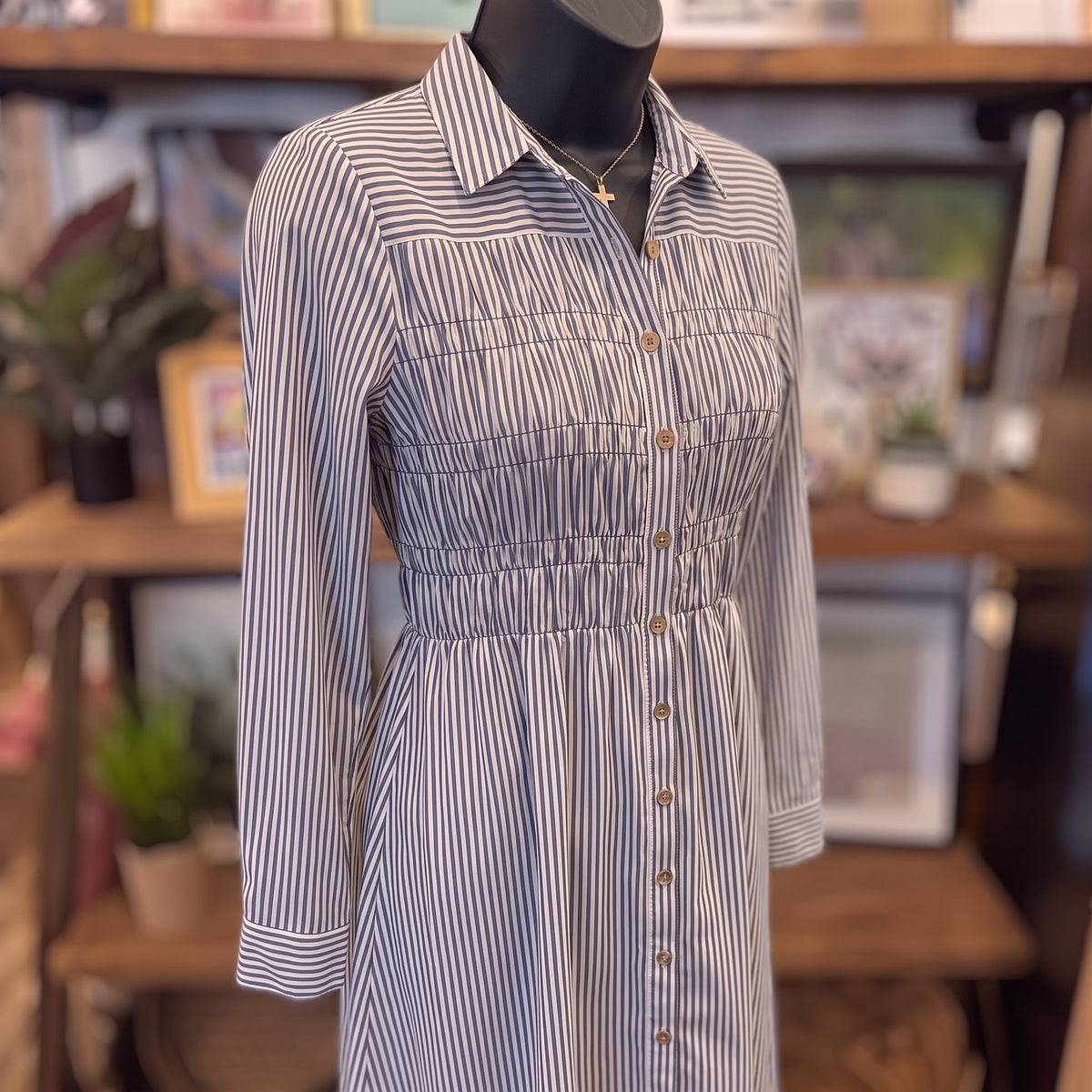Striped Shirred Shirt Dress | Navy — Angled view