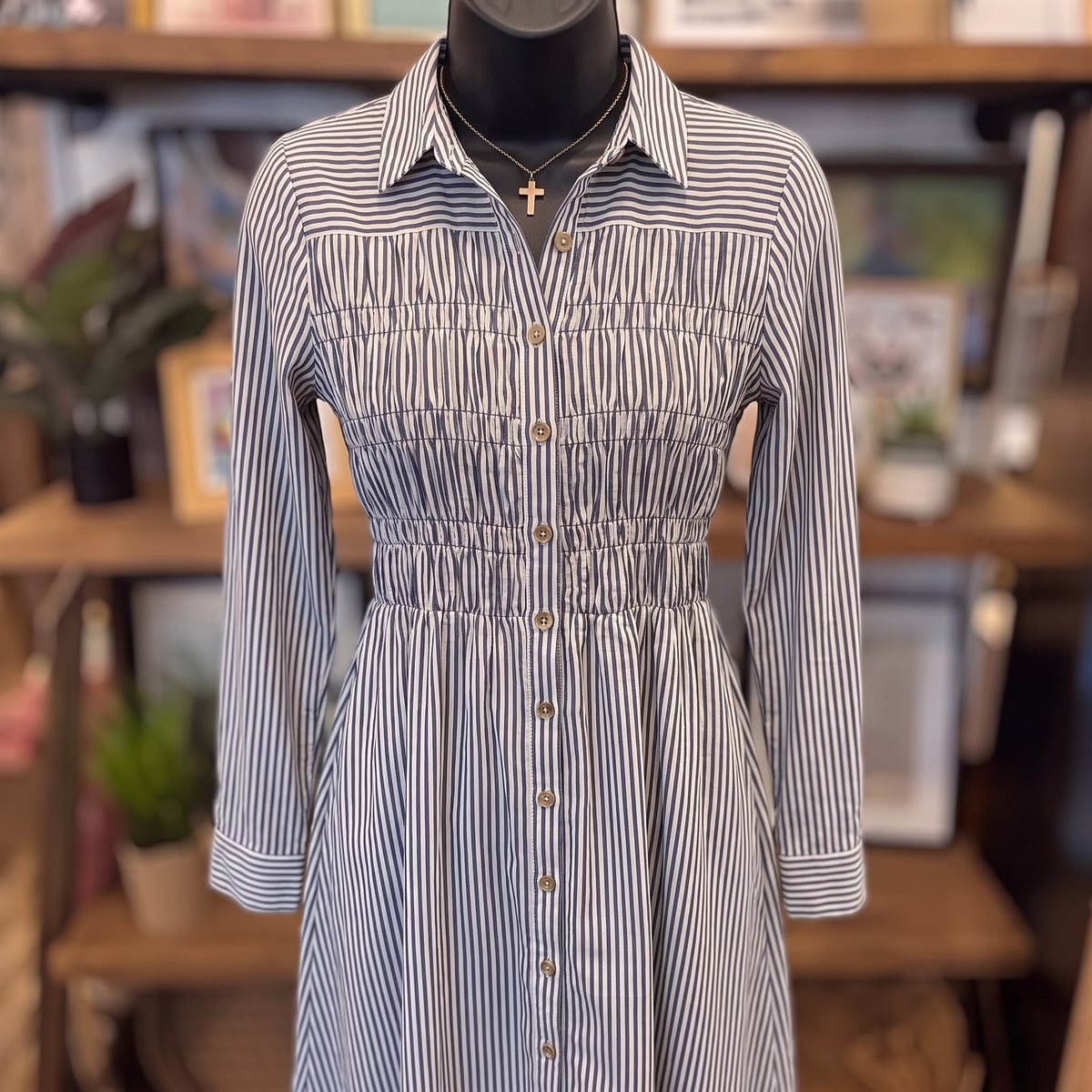 Striped Shirred Shirt Dress | Navy — Front view