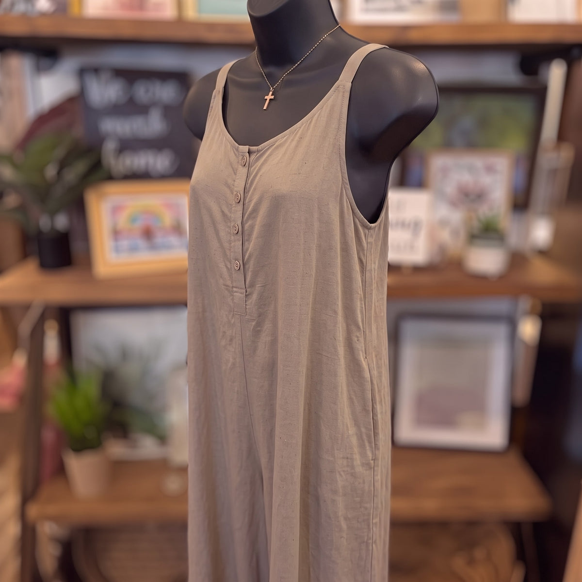 Adjustable Strap Flowy Jumper with Button Detail | Oatmeal — Angled view