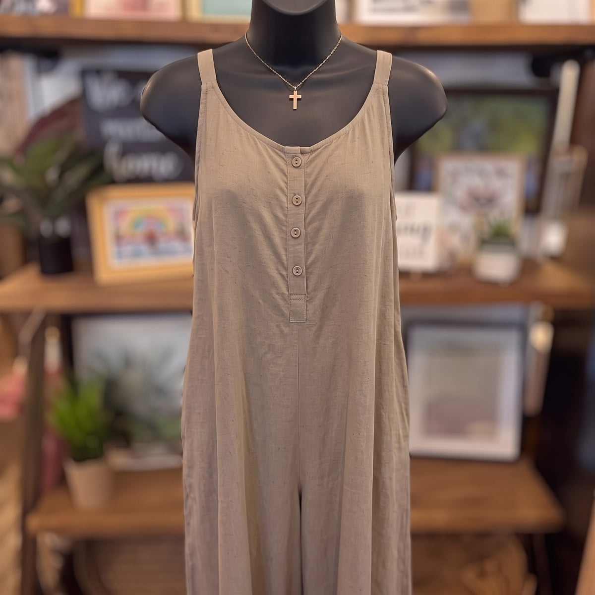 Adjustable Strap Flowy Jumper with Button Detail | Oatmeal — Front view