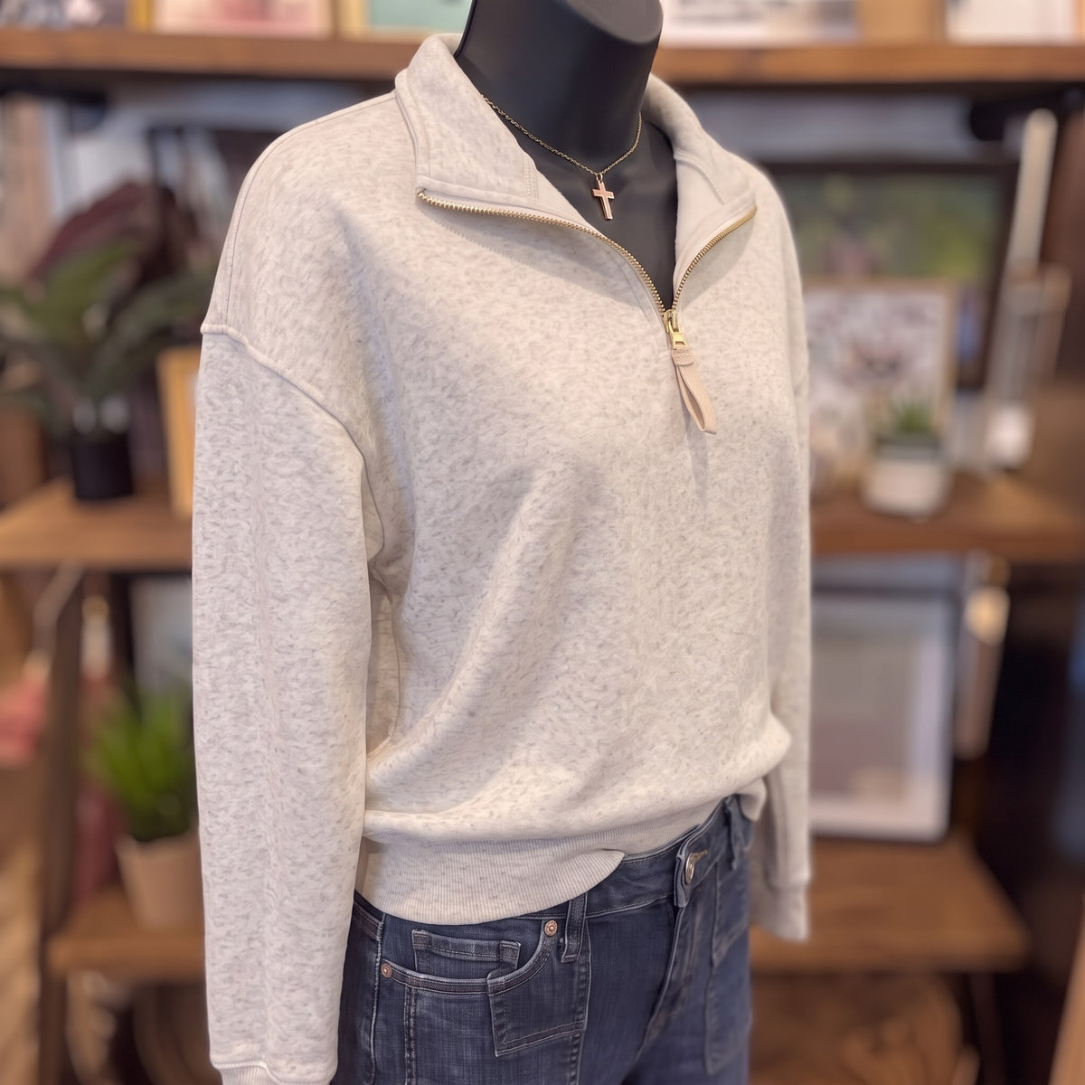 Fleece Half Zip Sweatshirt | Heather Vanilla — Angled view