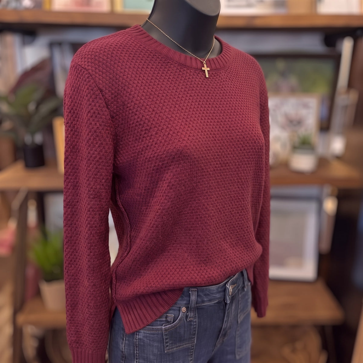 Round Neck Midweight Sweater | Cabernet — Angled view