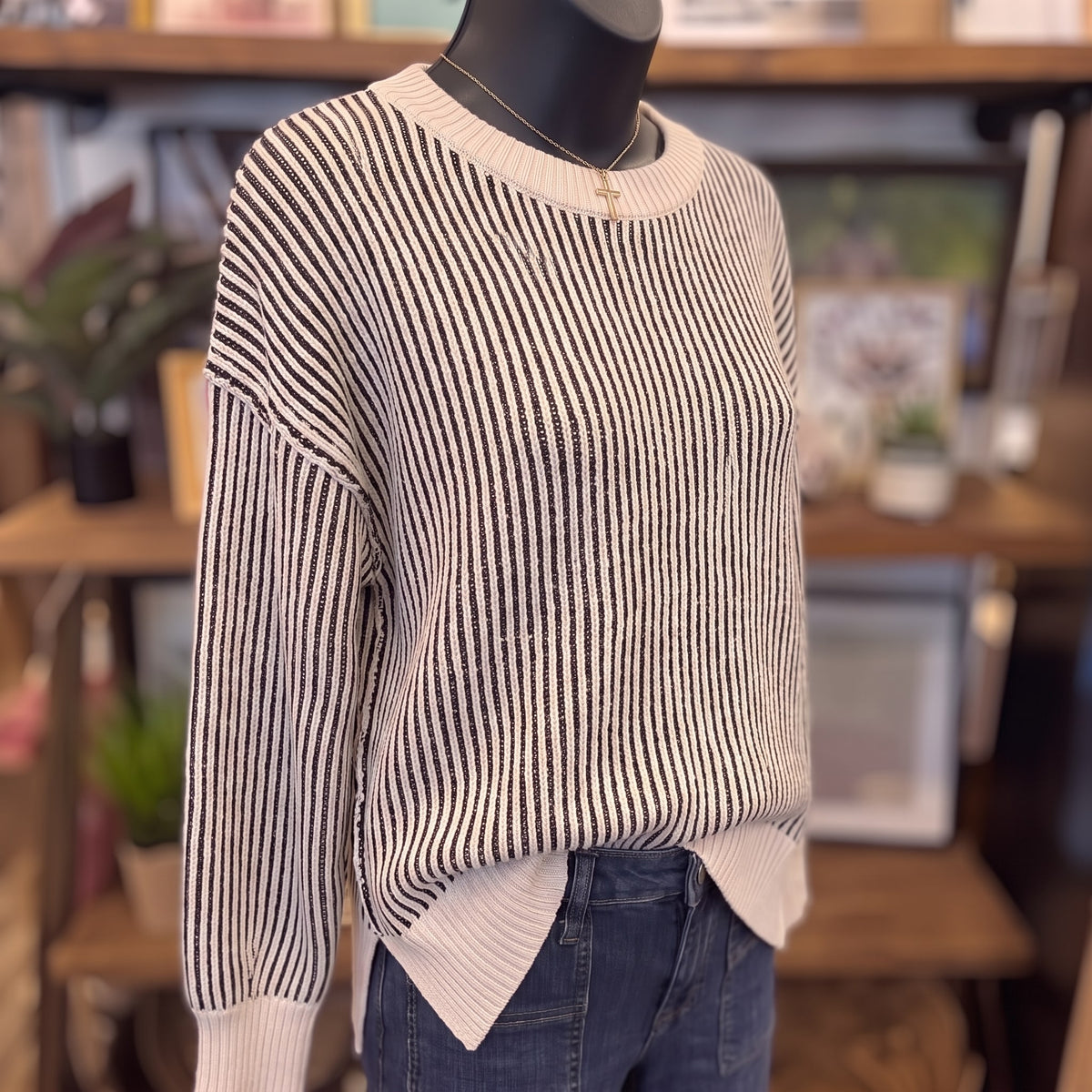Two Tone Crewneck Sweater | Black — Angled view