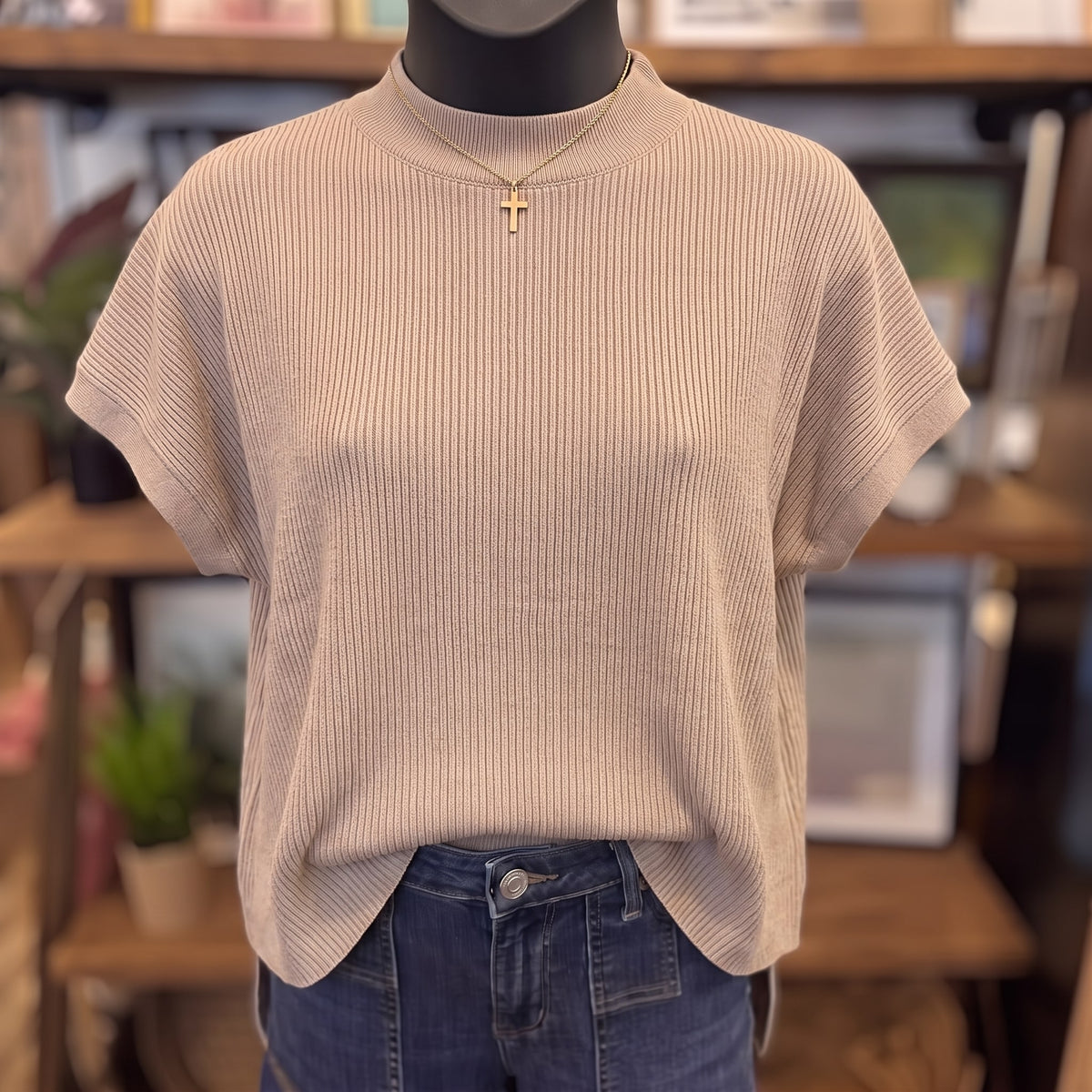 Mock Neck Short Sleeve Sweater | Ash Mocha — Front view