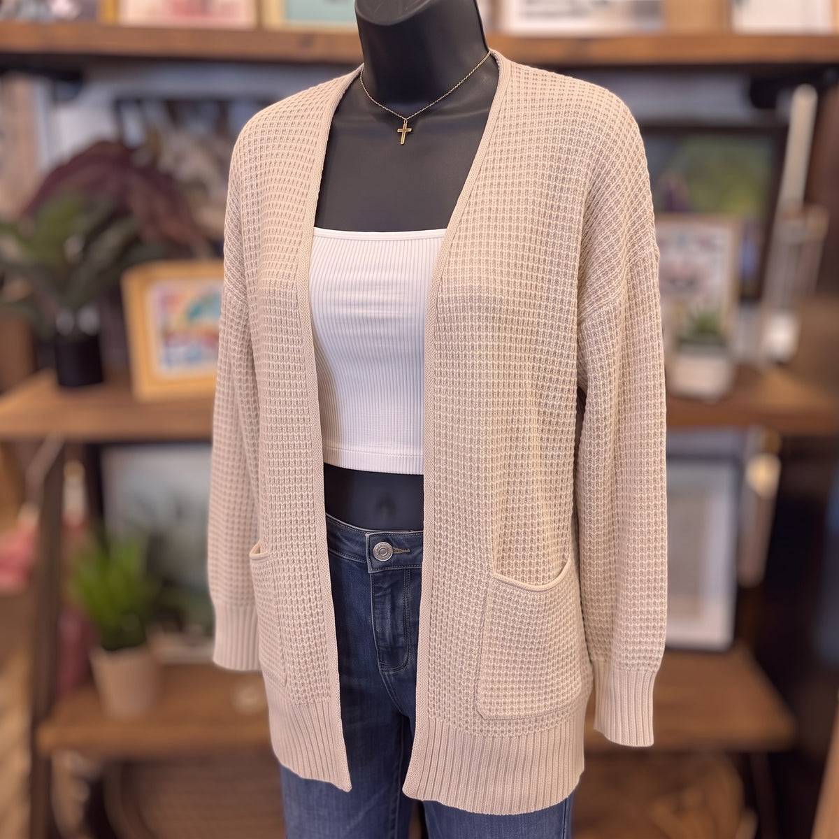 Waffle Knit Open Cardigan | Sand Beige — Angled view