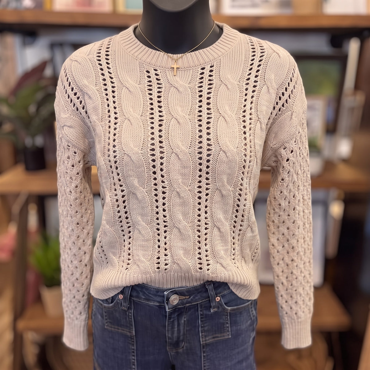 A Note of Thanks Cable Knit Sweater on mannequin