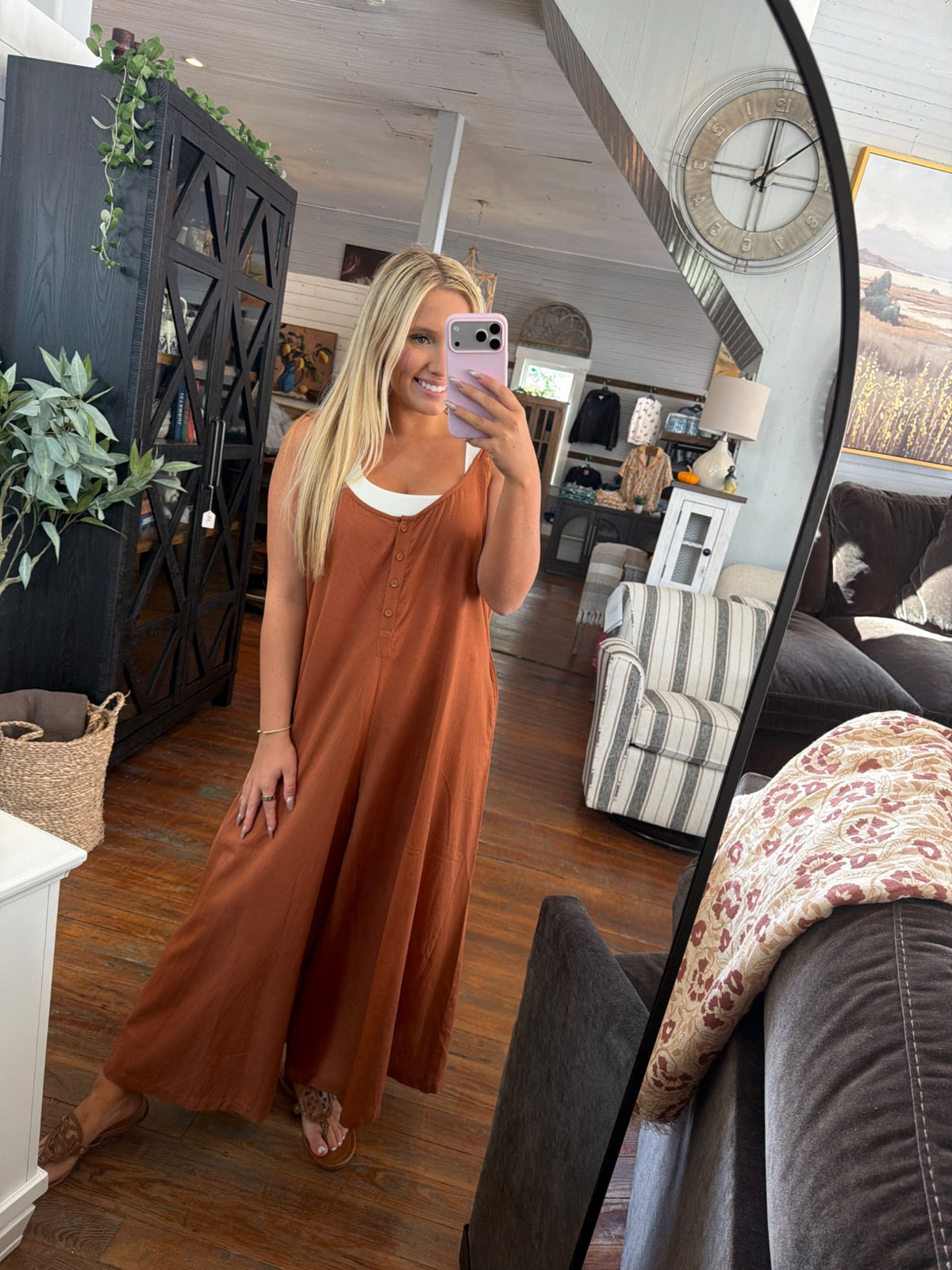 Adjustable Strap Flowy Jumper | Burnt Orange OSFM — Worn by model
