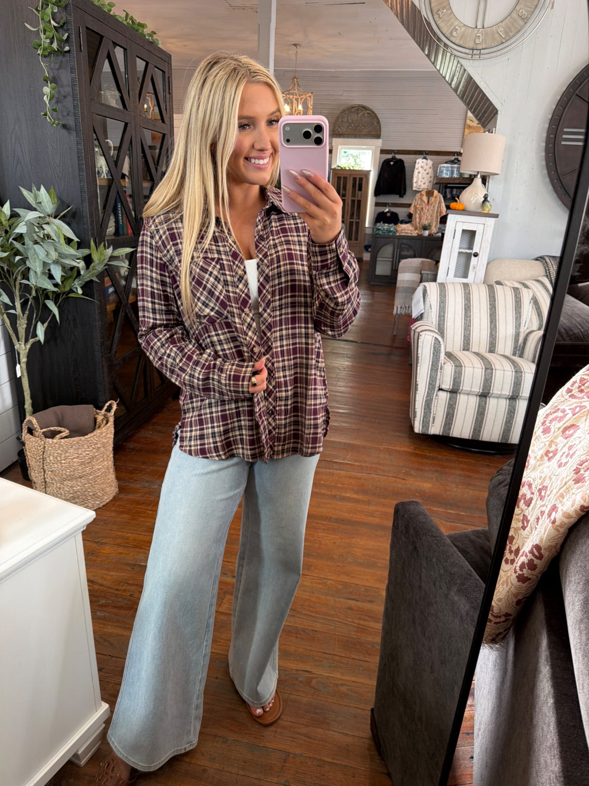 Be Cool Plaid Flannel Shirt | Plum — Worn by model