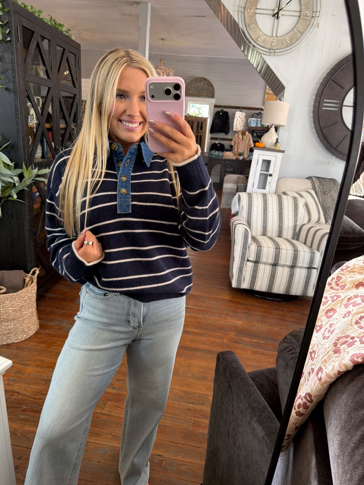 Everly Denim Collar Sweater | Navy — Worn by model