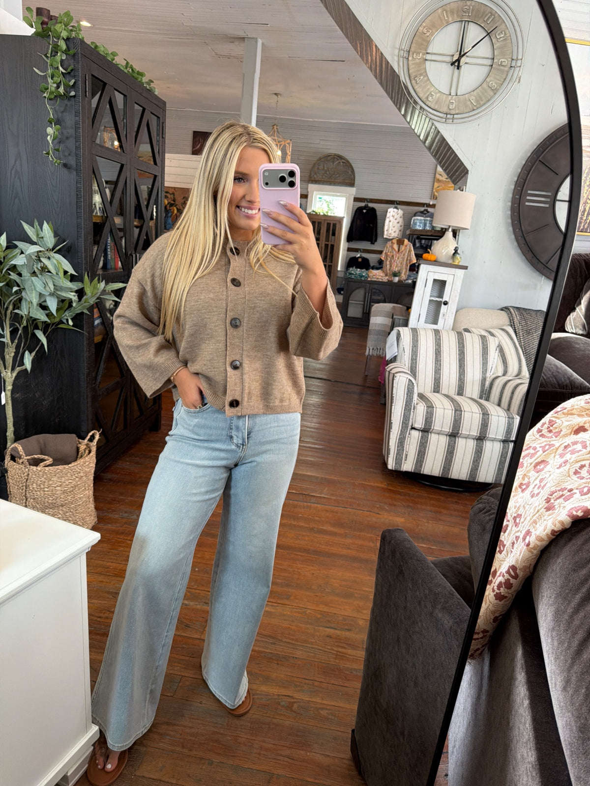 Half Sleeve Button Down Knit Cardigan | Soft Mocha — Worn by model