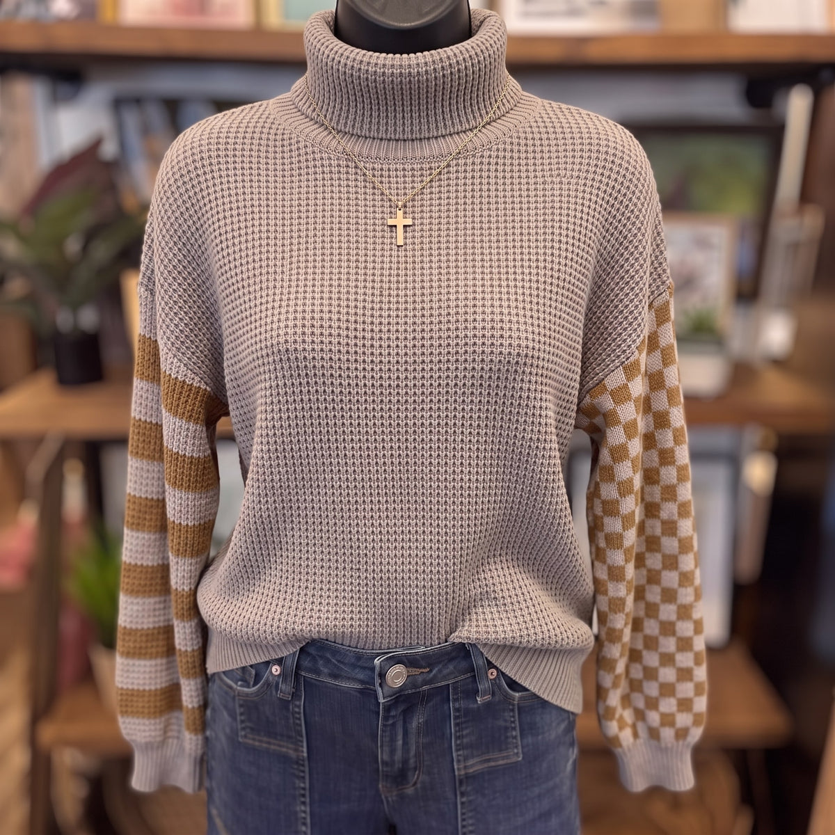 Super Seasonal Patchwork Waffle Knit Sweater on mannequin