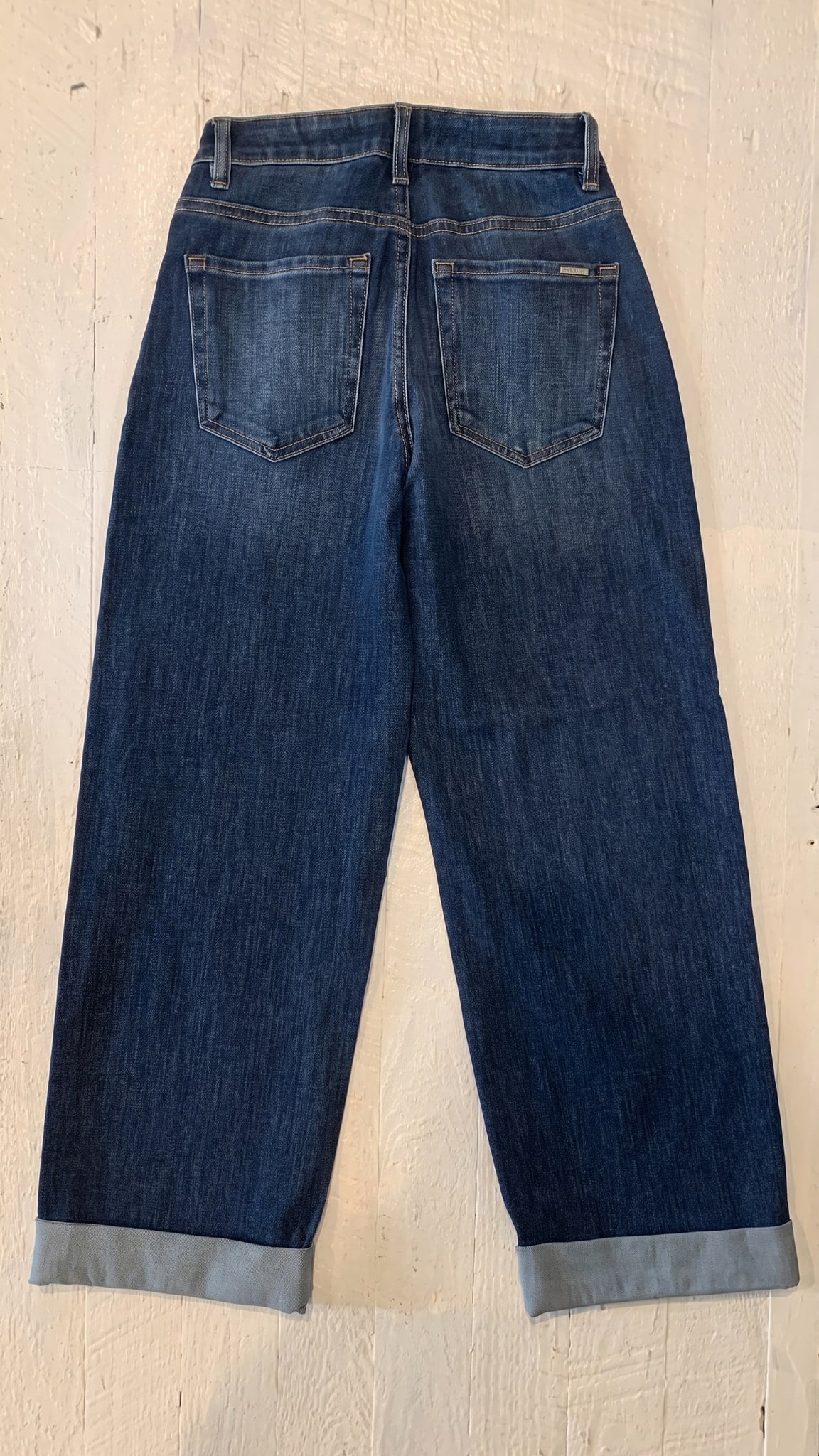 Risen 4-Way Stretch Slouchy Crop Barrel Cuffed Jeans | Dark — Back view