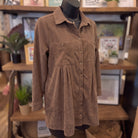 Corduroy Pintuck Detail Mini Shirt Dress | Mocha — Angled view on mannequin