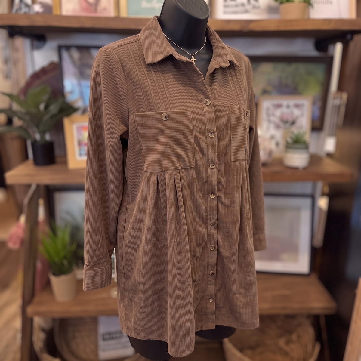 Corduroy Pintuck Detail Mini Shirt Dress | Mocha — Angled view on mannequin