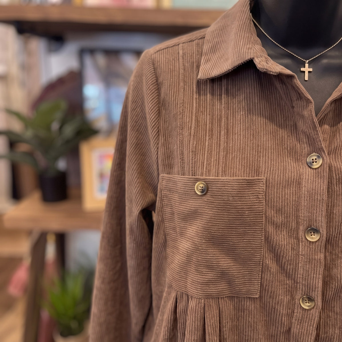 Corduroy Pintuck Detail Mini Shirt Dress | Mocha — Fabric and detail close-up