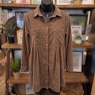 Corduroy Pintuck Detail Mini Shirt Dress | Mocha — Front view on mannequin