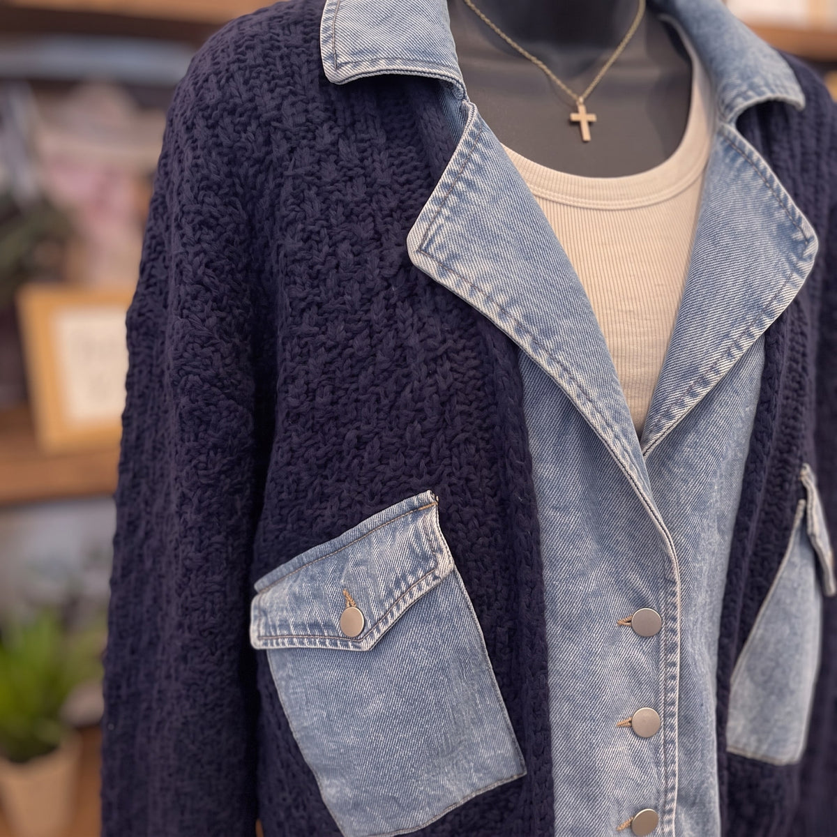 Cable Knit Denim Trim Jacket | Navy — Detail close-up