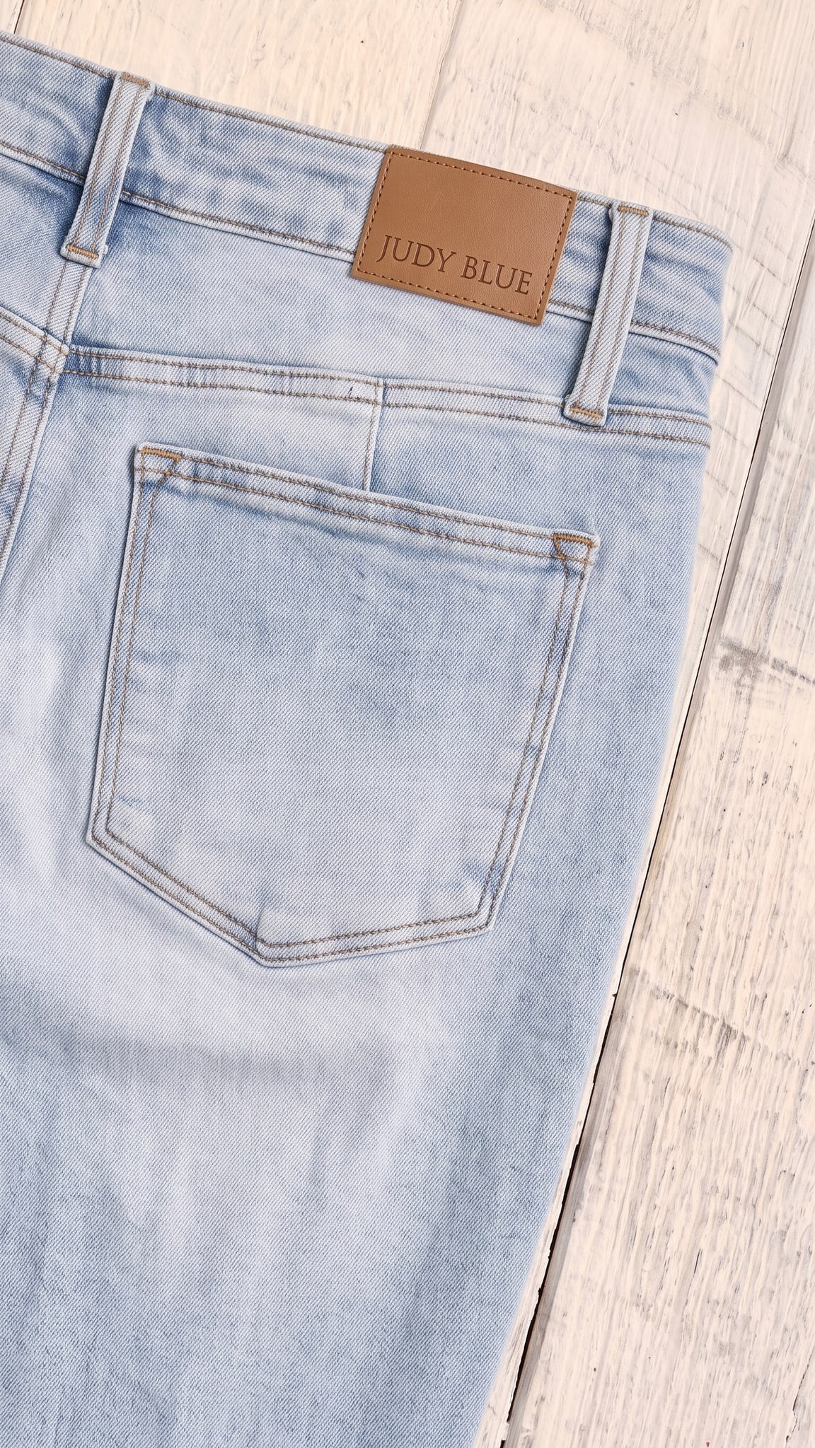 High Waist Tummy Control Vintage Wash Side Slit Slim Boot — Back pocket detail