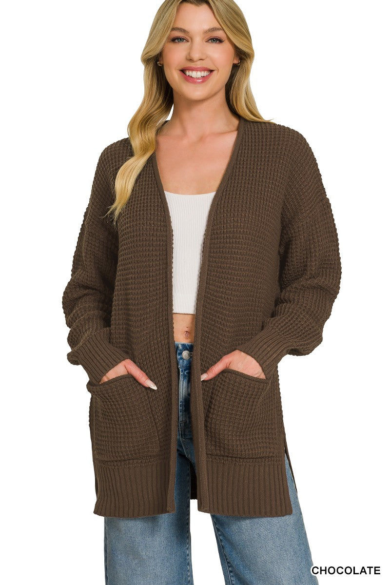 Waffle Knit Open Cardigan in Chocolate