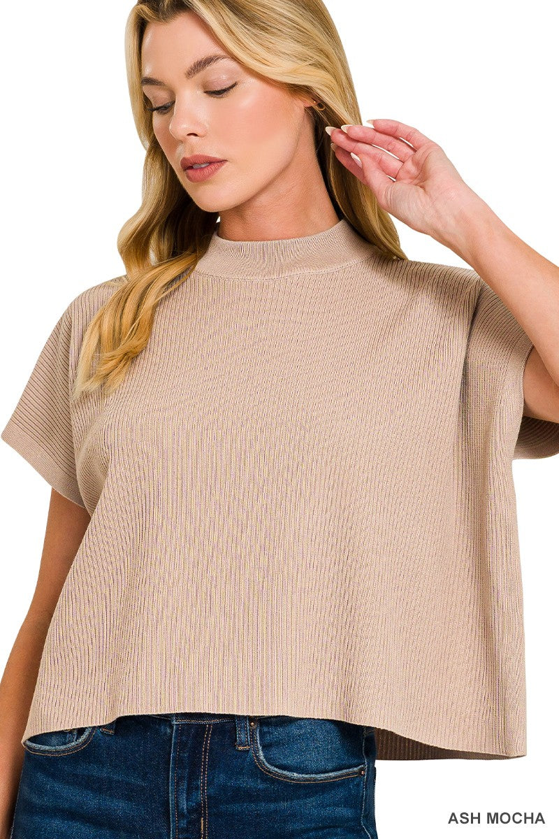 Mock Neck Short Sleeve Sweater in Ash Mocha