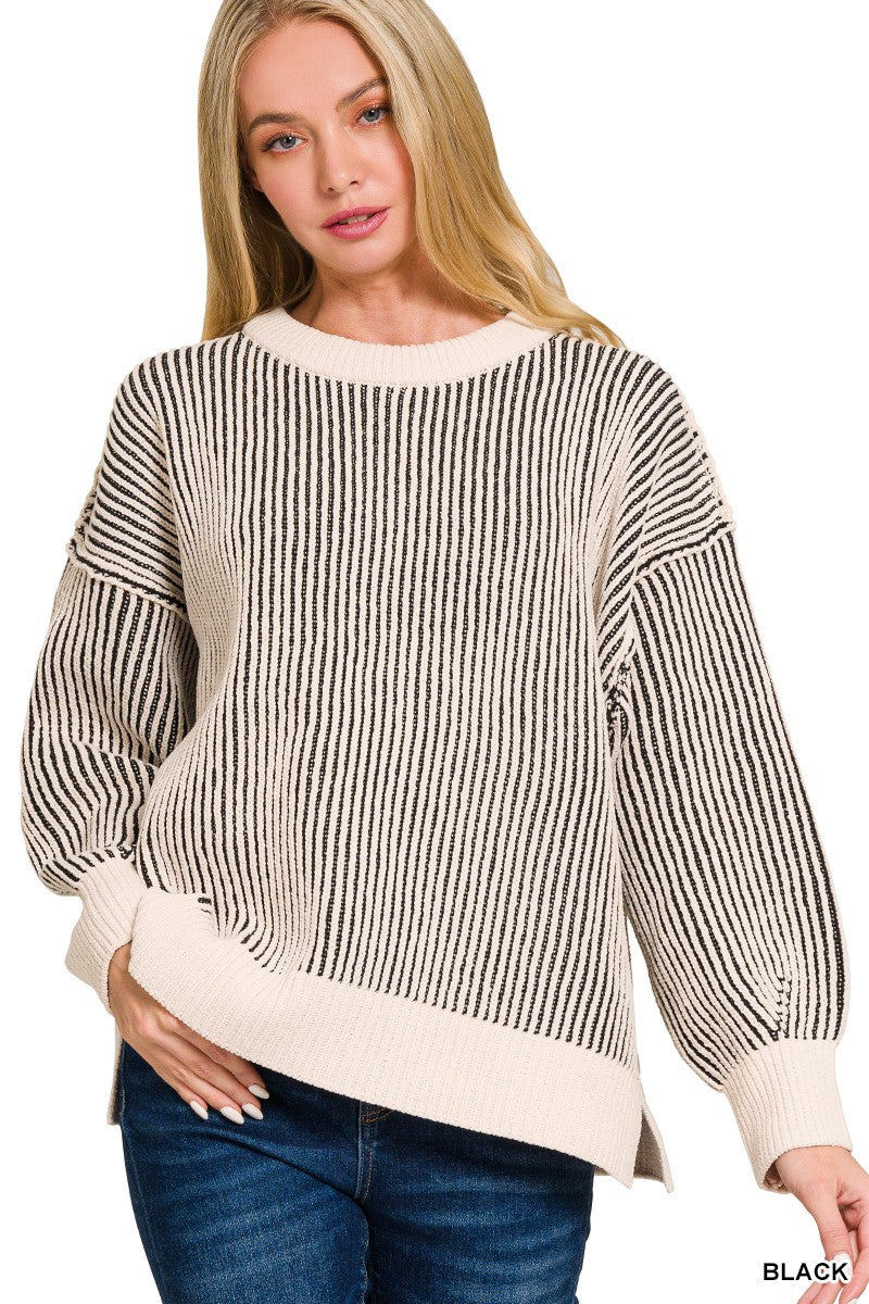 Two Tone Crewneck Sweater in Black