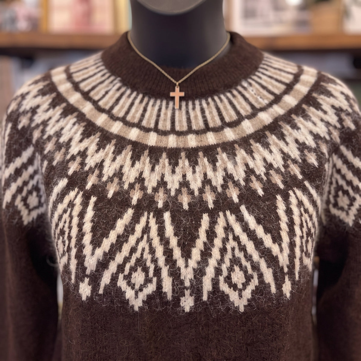 Fair Isle Yoke Knit Pullover | Dark Brown — Detail close-up