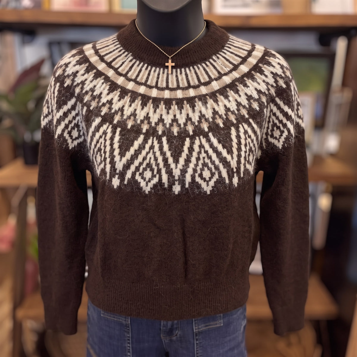 Fair Isle Yoke Knit Pullover | Dark Brown — Front view