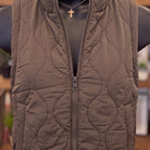 Plaid Collar Quilted Zip Vest | Dark Brown — Detail close-up