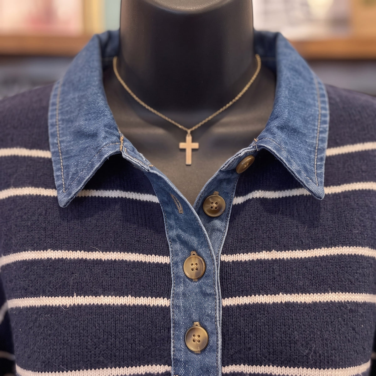 Everly Denim Collar Sweater | Navy — Detail close-up