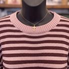 Stripe Relaxed Back Button Detail Knit Sweater | Light Pink — Detail close-up