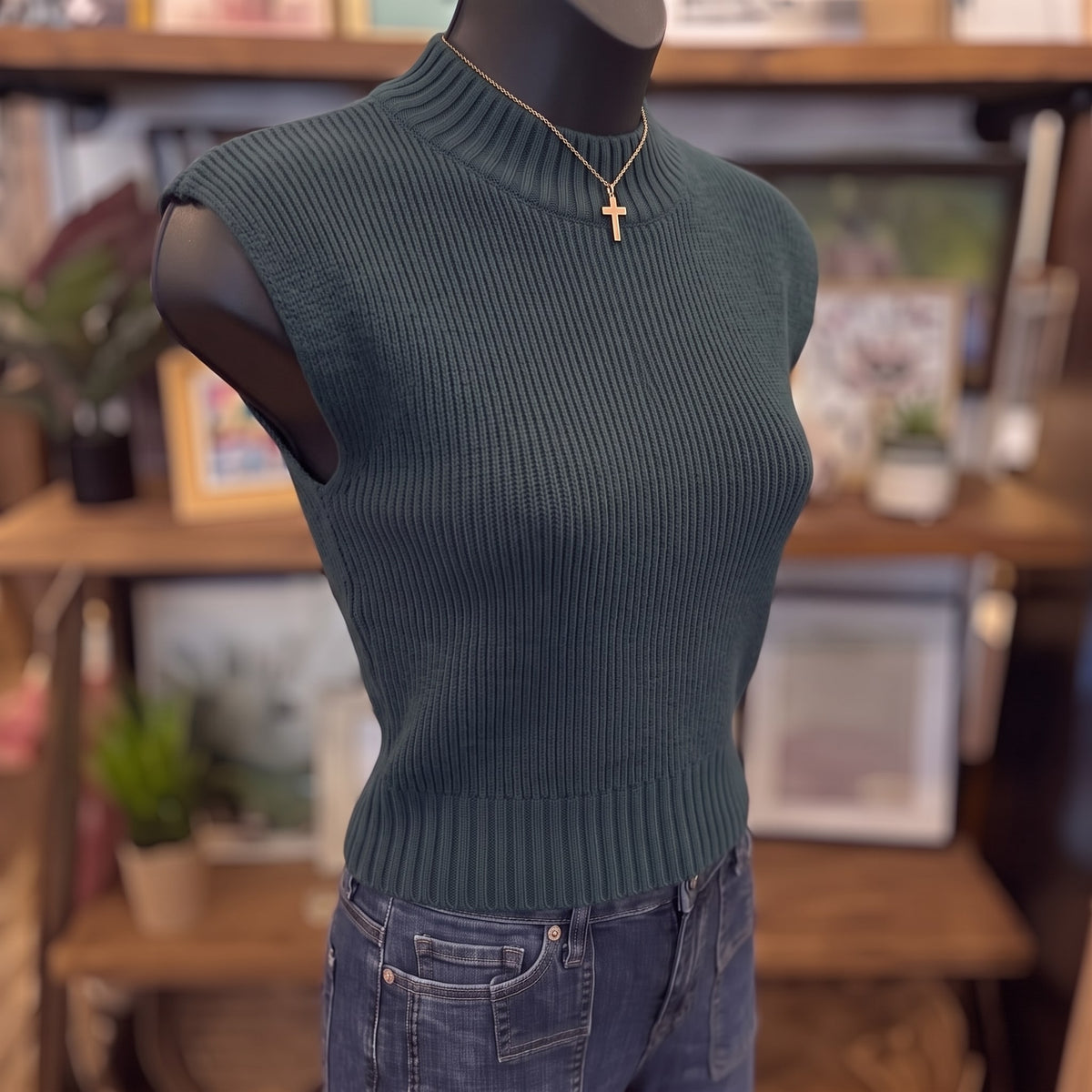 Mock Neck Extended Shoulder Knit Pullover Sweater | Forest Green — Angled view