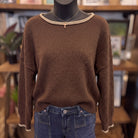 Contrast Trim Off Shoulder Long Sleeve Sweater | Brown — Front view