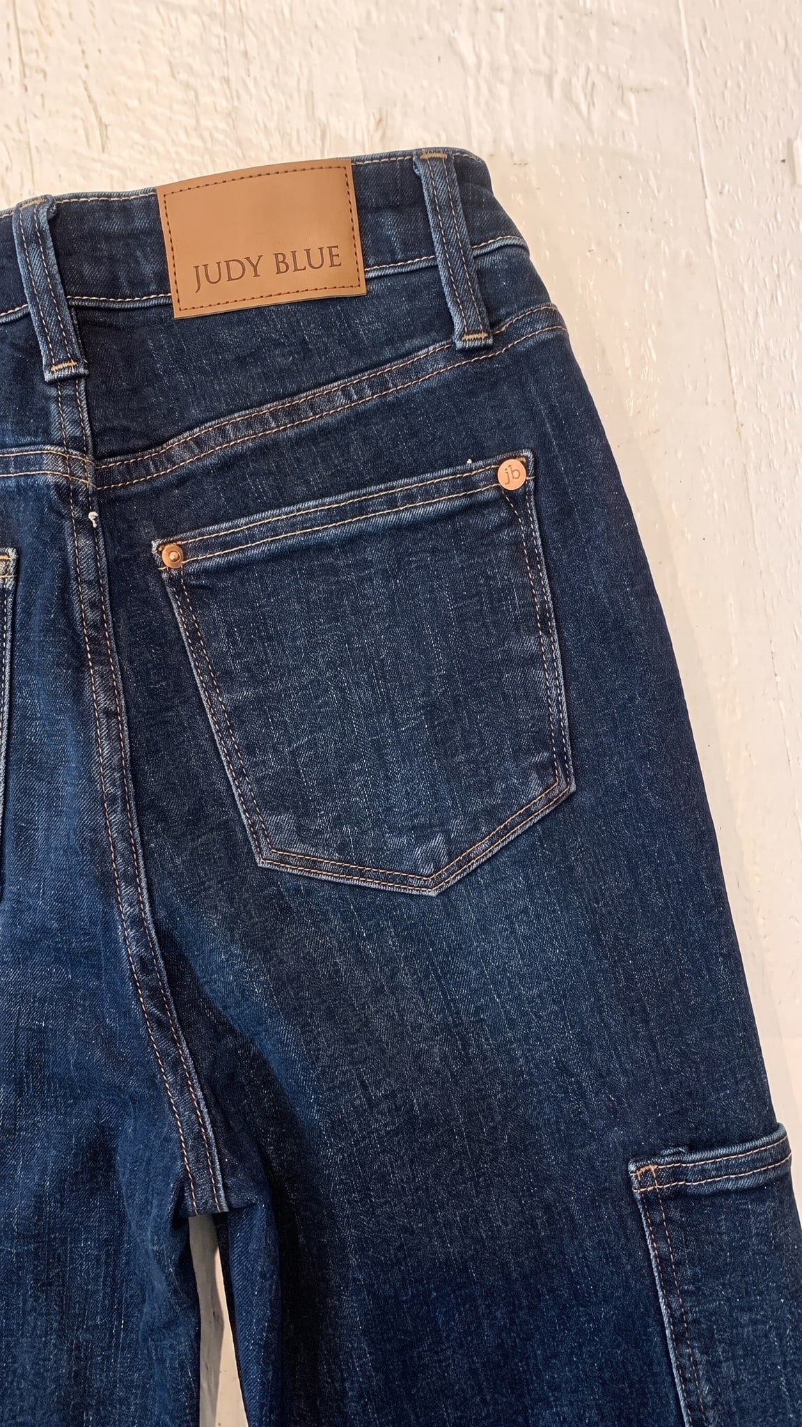 Judy Blue High Waisted Cargo Bootcut Jeans | Dark Wash — Back pocket detail