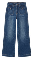 Judy Blue High Waisted LUX Retro Wide Leg Jeans with Front Patch Tab Closure | Dark Retro Fade Indigo — Front view